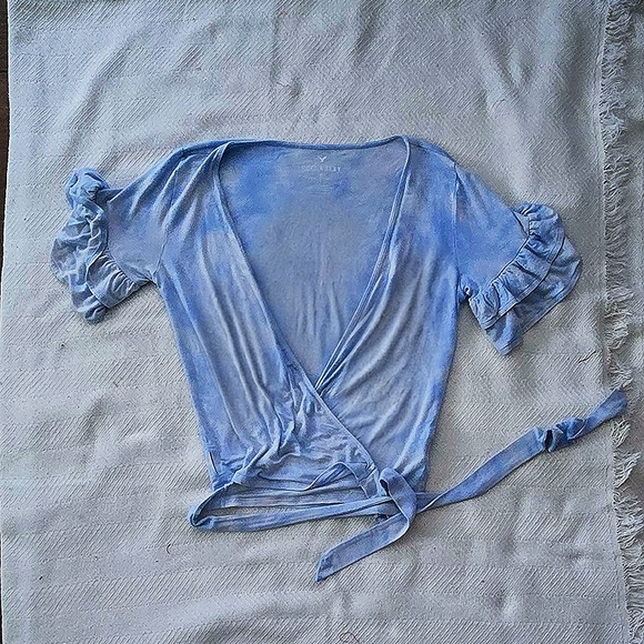 American Eagle Outfitters Light Blue Cloud Wrap Blouse - Picture 1 of 4